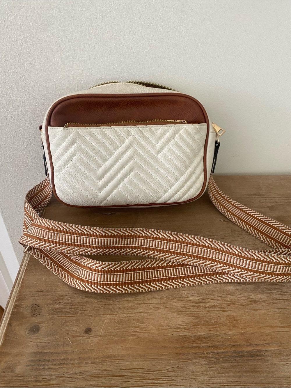 Quilted Cream and Brown Crossbody Bag with Striped Strap
